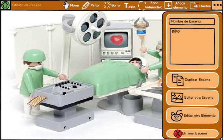 No canto superior esquerdo, sobre uma barra laranja, o ícone de casa, na cor verde. À direita, ícones do editor de jogo. Ao lado esquerdo da tela, a imagem de um paciente sobre uma mesa de procedimento cirúrgico. Uma pessoa a opera o paciente outra pessoa mexe nos equipamentos. Ao lado direito da tela, sobre um retângulo horizontal laranja, retângulos de linha de contorno preta com espaço para editar o nome e a informação da cena. Abaixo, retângulos laranja com os textos, em espanhol:  DUPLICAR ESCENAS, EDITAR OTRA ESCENA, EDITAR OTRO ELEMENTO, ELIMINAR ESCENA.